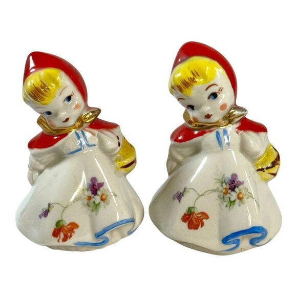 Vintage Ceramic Little Red Riding Hood Salt & Pepper Shaker Set Hull 1950s Boho - Picture 1 of 7